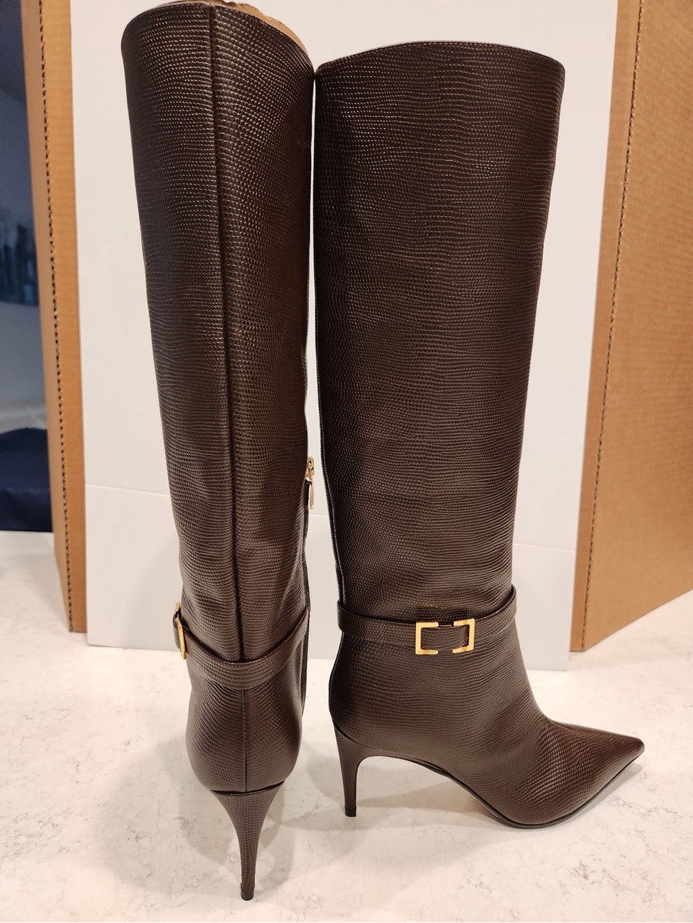 Sergio Rossi, Sr. Mini Prince Women's Brown Pointed-Toe Knee-High Heeled Boots